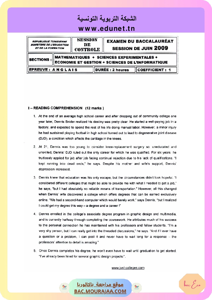 Sujet controle anglais Bac 2009 – Section eco
